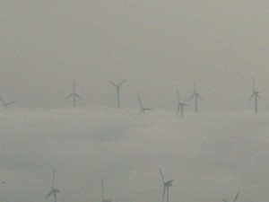 parque eolico sierra de la capelada con niebla