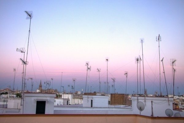 tejados de Sevilla y catedral desde el barrio de Triana anochecer