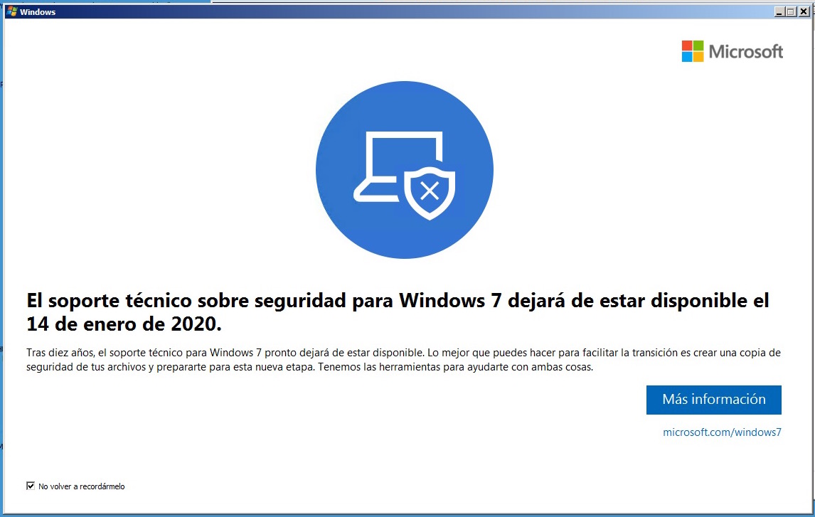 El soporte técnico sobre seguridad para Windows 7 dejará de estar disponible el 14 de enero de 2020